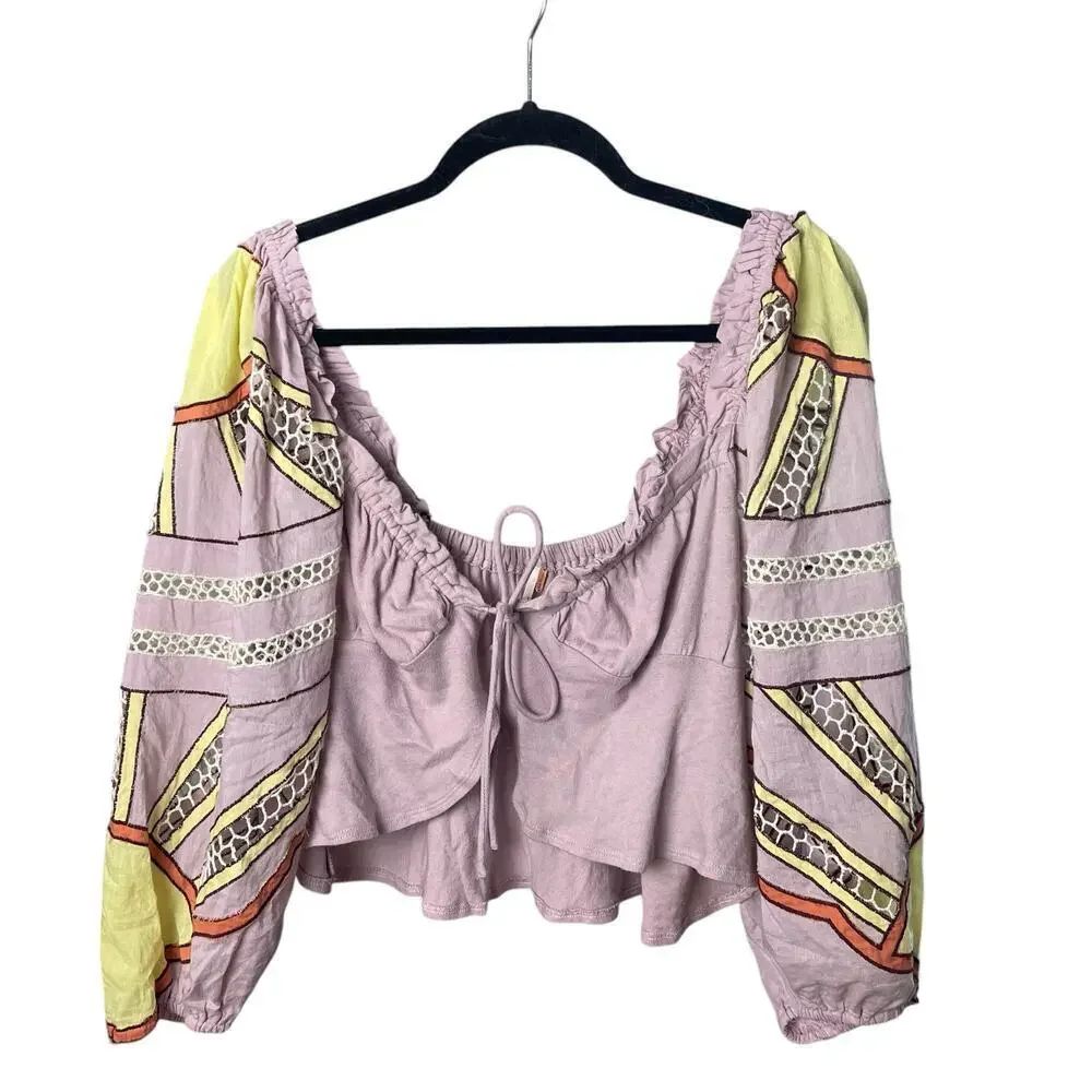 Free People Sunrise Sunset Crochet Cotton Crop, Y2K, Lavender Boho Festival  L